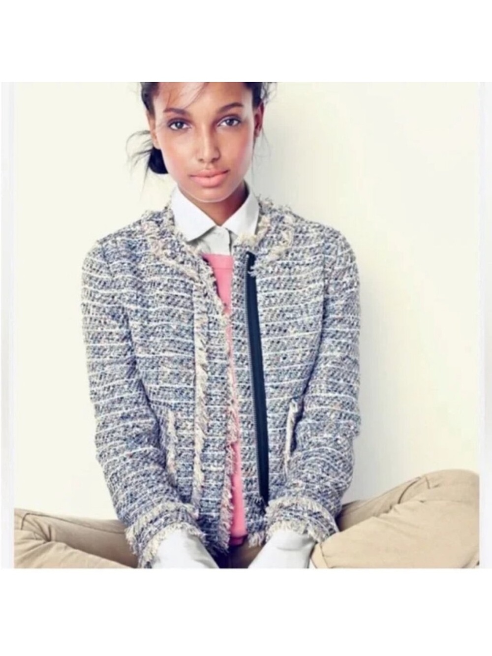 J Crew Tweed Fringe Jacket Navy Multicolor | 6 lady E7274